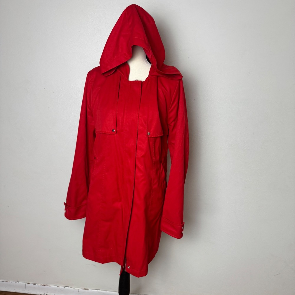 HM Red Hooded Trench Coat Full Zip Snap Button Jacket Womens Size 14